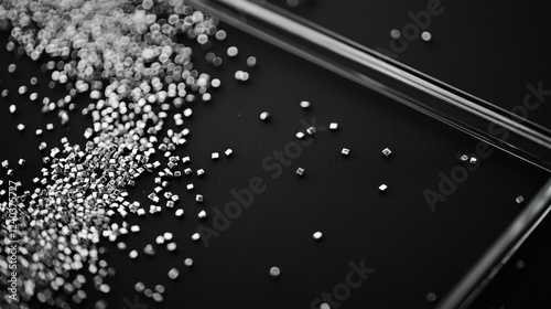 Thin glass frame holding monochrome photo, with scattered silver beads photo