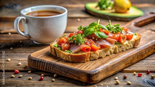 Delicious open-faced sandwich with roasted tomatoes, herbs, and savory topping served on rustic wooden board next to a cup of coffee photo