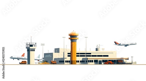 Minimalist icons depicting the essential elements of an airport s transportation infrastructure including the runway control tower and other essential components for air travel