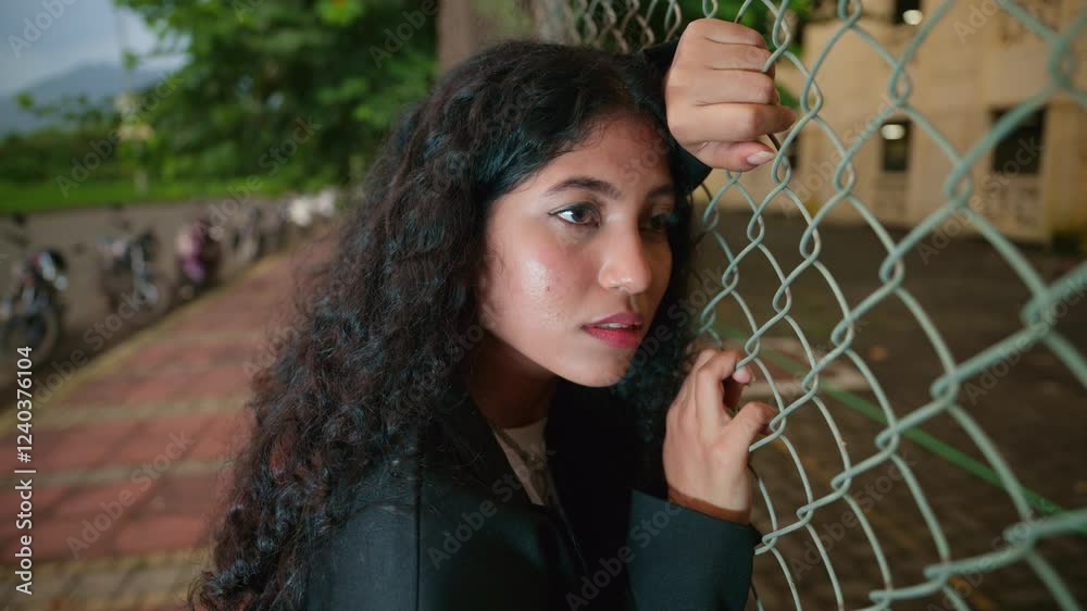 Girl lean against a chain link lost in deep thought