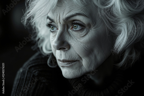A black and white photo of an older woman with white hair