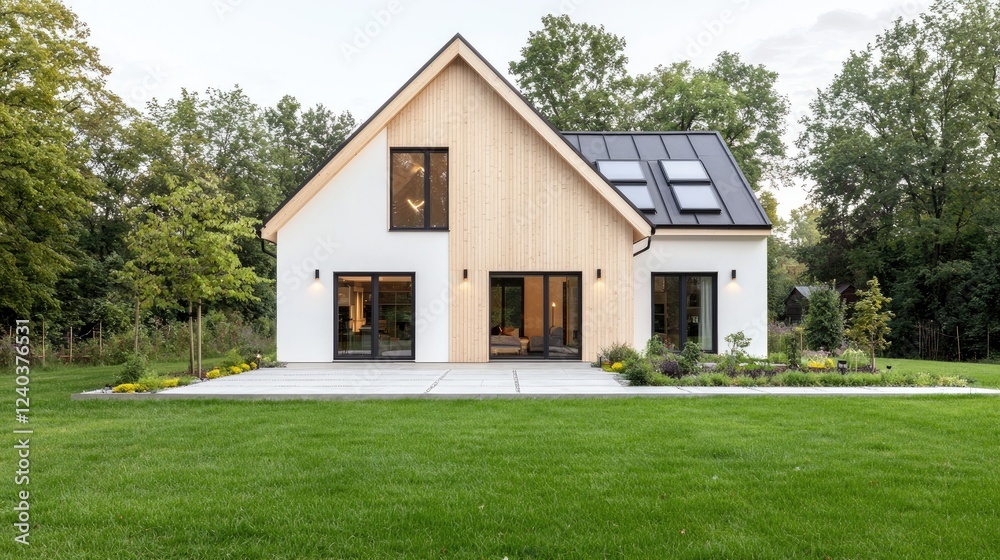 Modern house, backyard, green lawn, trees, evening light, real estate Modern house, backyard, green lawn, trees, evening light, real estate