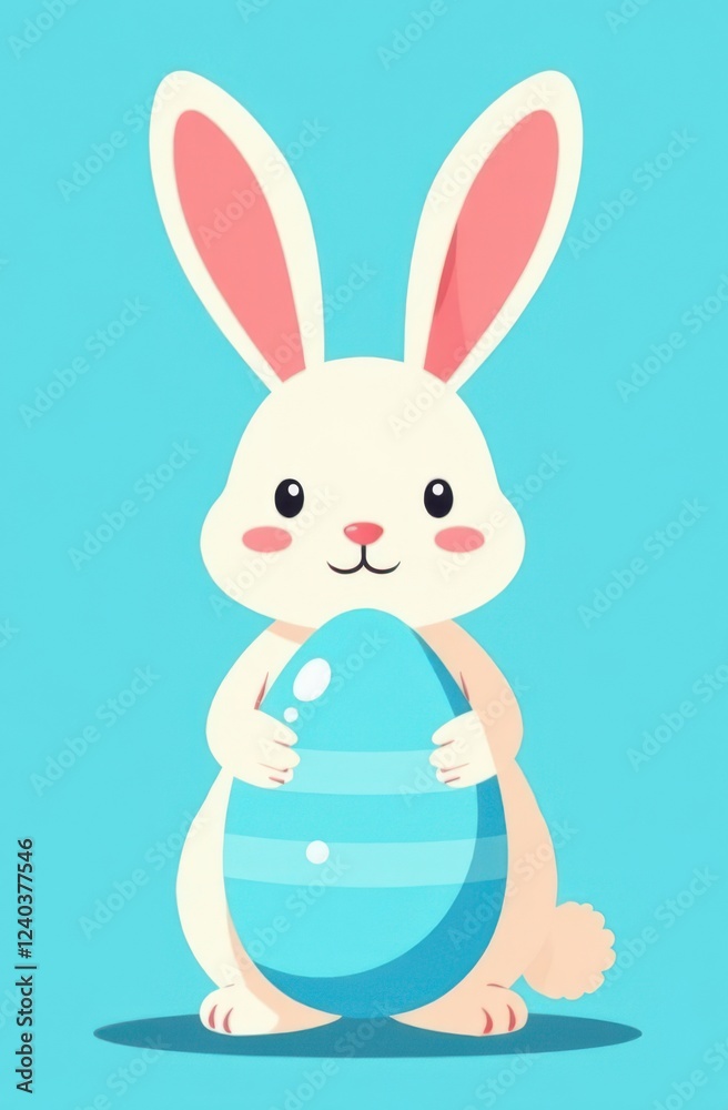 Obraz premium Cute cartoon easter bunny holding a big decorated egg on blue background