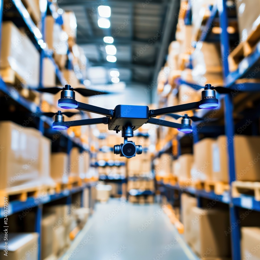 Obraz premium Autonomous drones assisting in warehouse operations.