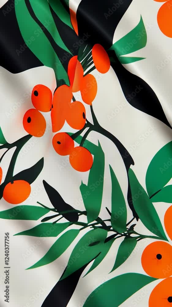 Bright orange fruit pattern on fabric featuring green leaves and contrasting black elements