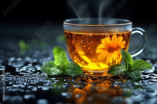 Herbal Tea with Mint and Flower on Wet Surface - Refreshing Beverage Concept photo