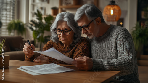 Senior Couple Reviewing Financial Documents at Home. An elderly couple with gray hair and glasses sitting at a wooden table, seriously reviewing financial documents in a cozy home setting.