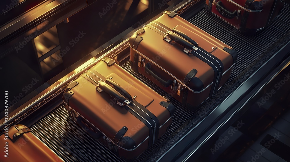 Naklejka premium Suitcases on a conveyor belt, overhead view, warm lighting, travel theme, cinematic composition.
