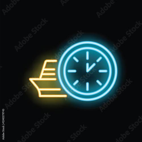 Neon sign representing a cruise ship moving fast near a clock, perfect illustration for punctuality concept