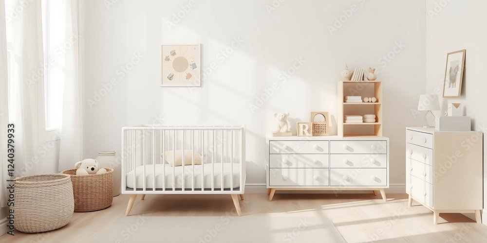 Obraz premium Modern baby room interior with a white crib and matching chest of drawers, decorated with neutral tones and playful accents, neutral, stylish, tones