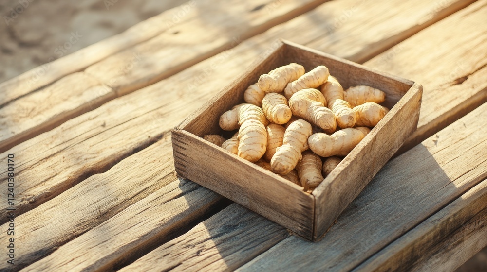 Fresh Organic Ginger Roots in Rustic Wooden Crate Outdoors Healthy Harvest of Turmeric like Spice
