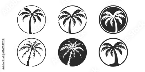 Contemporary palm tree icon set features single color illustrations of palm trees suitable for cutting, tattoo designs, or as modern palm art design elements vector