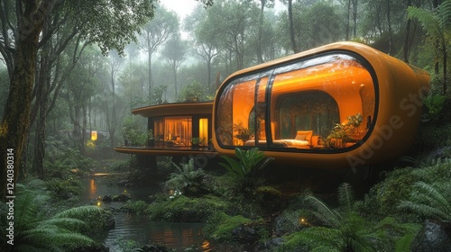 Modern Orange House nestled in a lush green forest