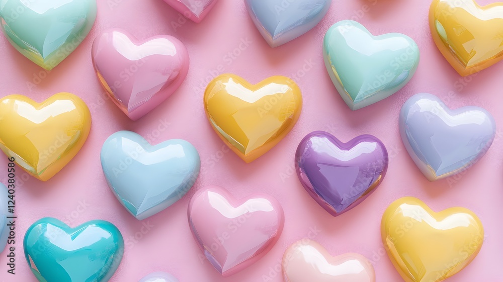 Fototapeta premium Pastel Rainbow Hearts Pattern Pink Background