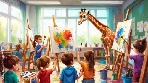 Curious giraffe visiting elementary school art class