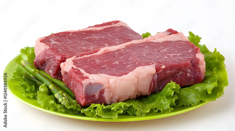 Raw Beef Steaks with Asparagus and Lettuce on Green Plate Raw Beef Steaks with Asparagus and Lettuce on Green Plate