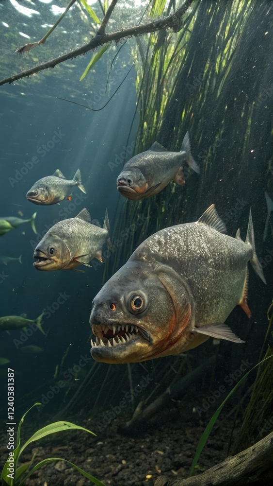 Obraz premium Close-up Underwater Shot of Menacing Piranha Swimming among Roots and Plants