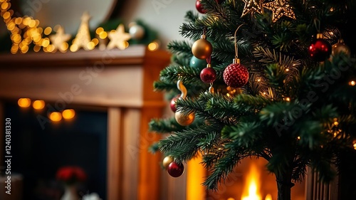 Cozy Christmas fireplace with decorated tree, baubles, stars, candles, selective focus, decorated tree, Christmas, wooden mantelpiece photo