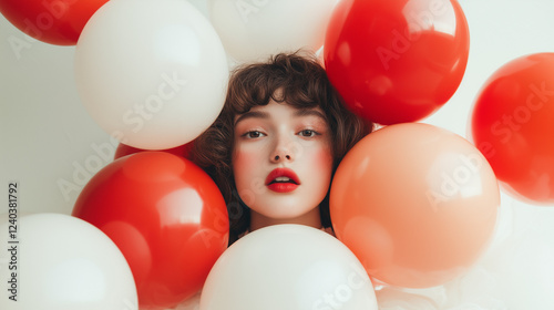 Portrait créatif de femme avec ballons rouges et blancs, maquillage glamour et rouge à lèvres photo