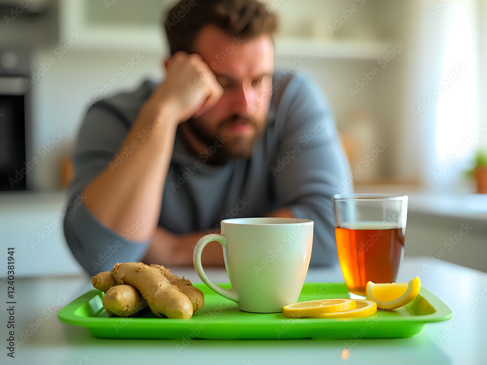 Man at table with tea, ginger, lemon slice Man at table with tea, ginger, lemon slice