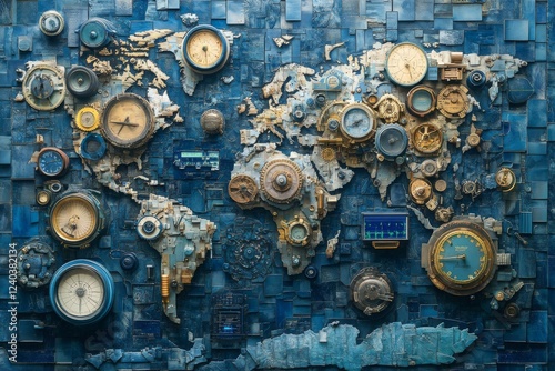 Map creatively designed from weather data that showcases geographical features and time zones in an artistic manner