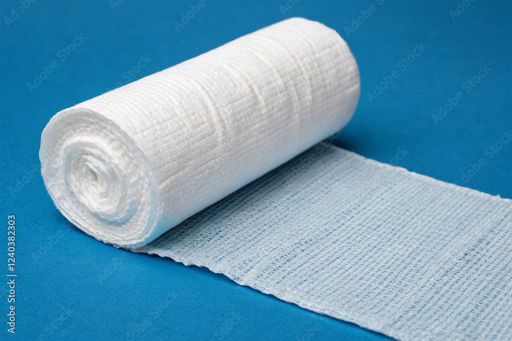 Fototapeta premium A sterile bandage roll on a blue background.