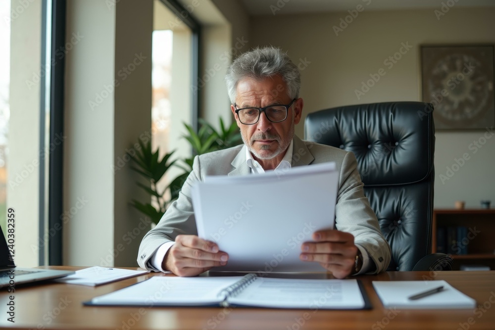 Man is sitting at desk reading piece of paper Man is sitting at desk reading piece of paper