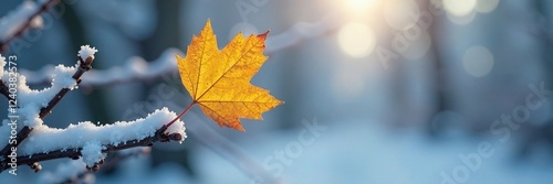 A single yellow leaf on a snowy white branch, winter's chill begins, winter foliage, frosty morning