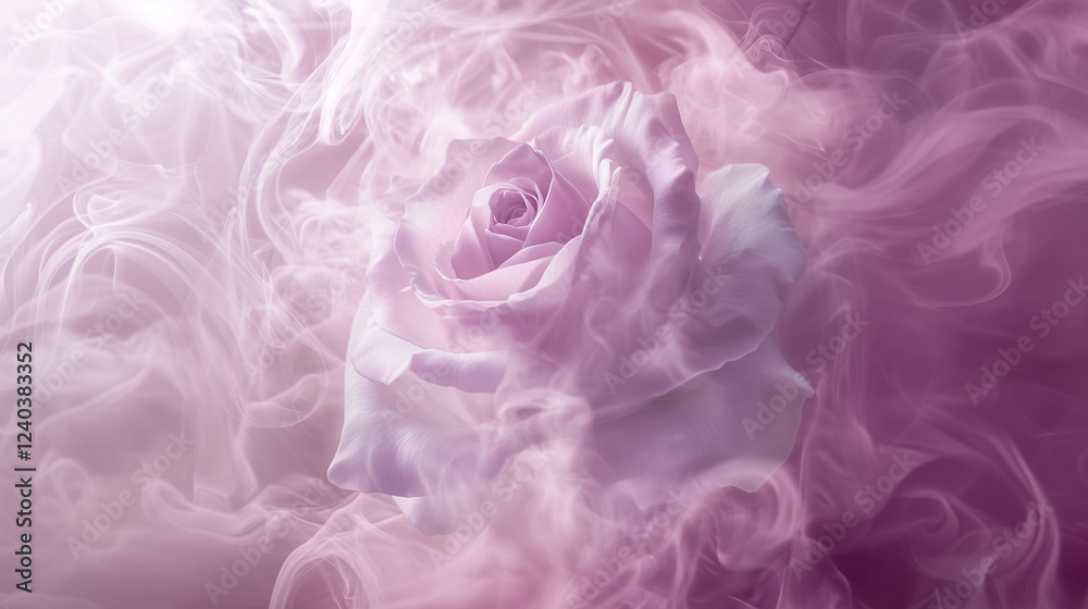 Fototapeta premium Whispers of Rose Background, A delicate pink rose enveloped in soft, swirling smoke, creating a dreamy, romantic image.