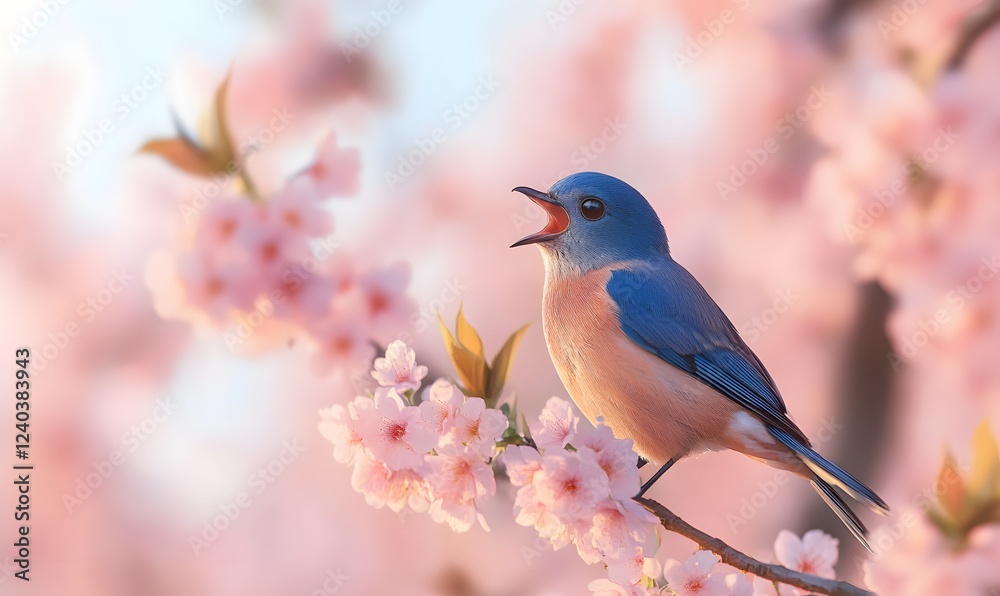 Fototapeta premium tiny bluebird on a flowering cherry blossom branch, Generative AI
