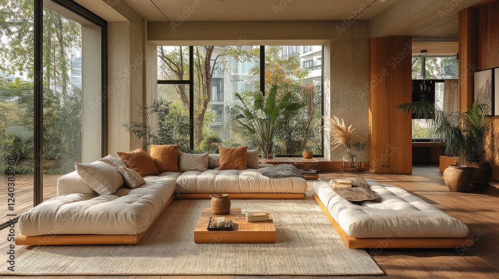 Fototapeta premium Modern Living Room with Beige Sofa and Natural Light