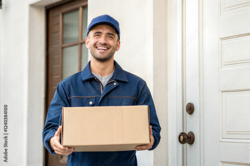 Friendly Delivery Man Presents a Package at a Residential Door During Daylight Hours Friendly Delivery Man Presents a Package at a Residential Door During Daylight Hours