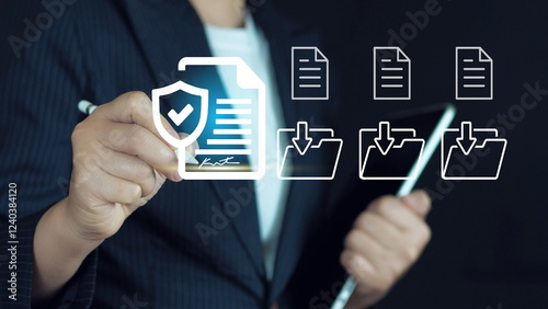 Digital Document Management System for Business,glowing electronic document files and digital signature.