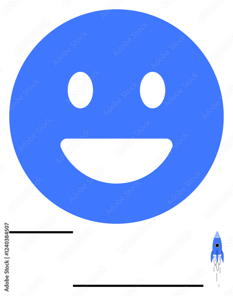 Blue happy face dominates with rising rocket signifying progress, success, and joy. Ideal for positivity, motivation, innovation, growth, optimism success creative vision. Abstract line flat Blue happy face dominates with rising rocket signifying progress, success, and joy. Ideal for positivity, motivation, innovation, growth, optimism success creative vision. Abstract line flat