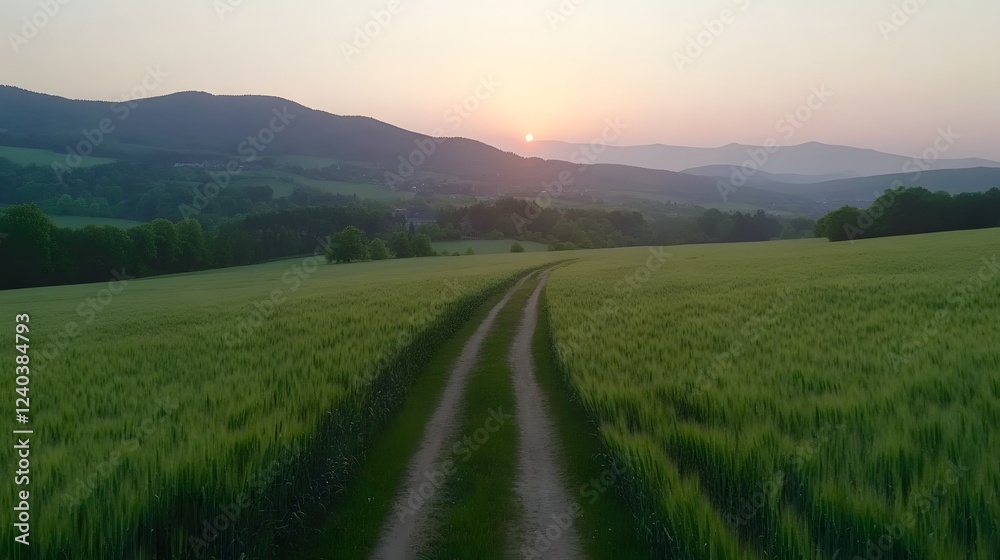 Obraz premium Sunset over Green Wheat Field and Mountains