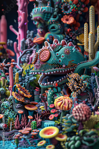 Immerse the viewer in a mesmerizing blend of pixel art and clay sculpture, depicting the robotic wildlife ballet from a worms-eye view Infuse vibrant colors and textures into this futuristic scene for