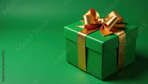 A stunning green gift box adorned with a lavish gold ribbon and ornate bow, bow, green