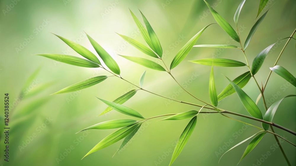 Fototapeta premium Serene Bamboo Leaves in a Tranquil Natural Setting, Reflecting Vibrant Green Hues and Gentle Light