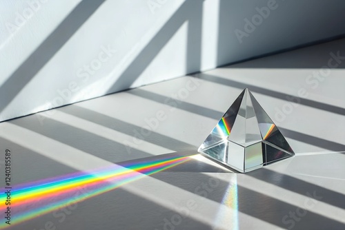 Crystal Clear Prism Dispersing Vibrant Colors on a Sunlit Surface