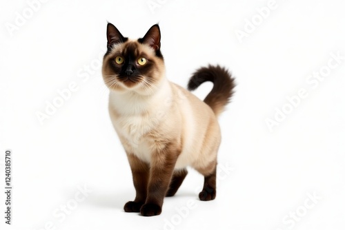 Elegant Siamese cat standing on white background