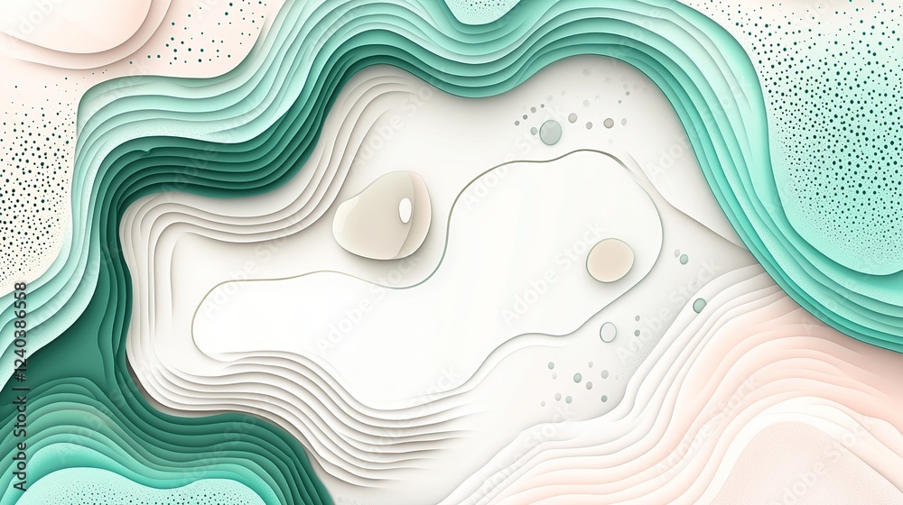 Fototapeta premium Abstract Teal Papercut Landscape, Pastel Background, Design Element