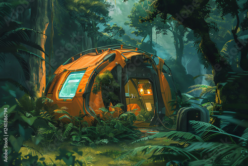 Paint a detailed oil painting depicting a futuristic tent embedded with high-tech gear at a wilderness campsite from an intriguing eye-level angle Capture the glow of holographic displays amidst lush photo