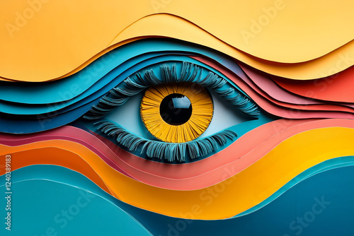 A close up of a paper cut eye on a colorful background