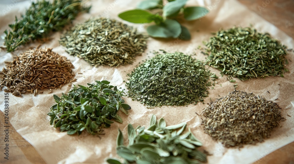 Various dried and fresh herbs, such as thyme, oregano, and sage, laid out beautifully on parchment. Various dried and fresh herbs, such as thyme, oregano, and sage, laid out beautifully on parchment.