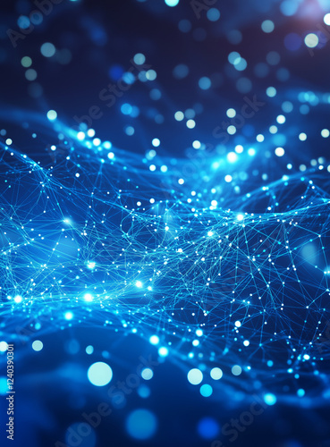 Dynamic blue network with glowing nodes and connections symbolizing data flow and technology in a modern abstract design with a digital and futuristic feel