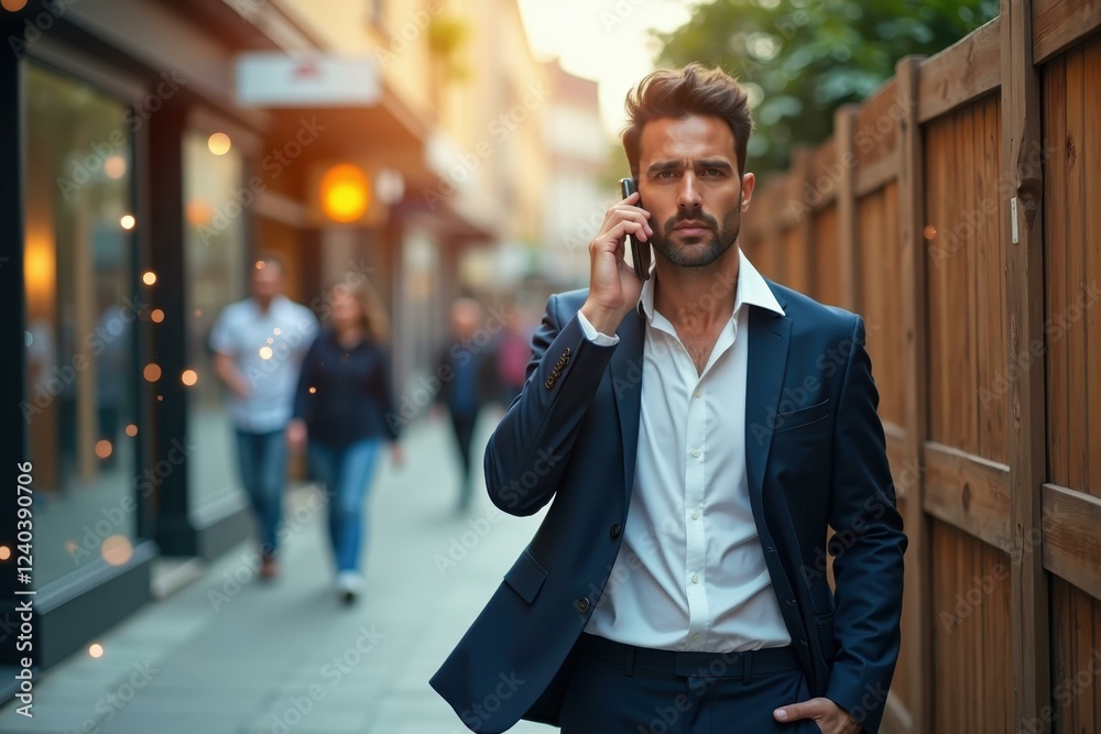 Confident businessman with beard and glasses talking on smartphone walking on urban street, professional communication concept for business, city background with people and modern buildings, daytime Confident businessman with beard and glasses talking on smartphone walking on urban street, professional communication concept for business, city background with people and modern buildings, daytime