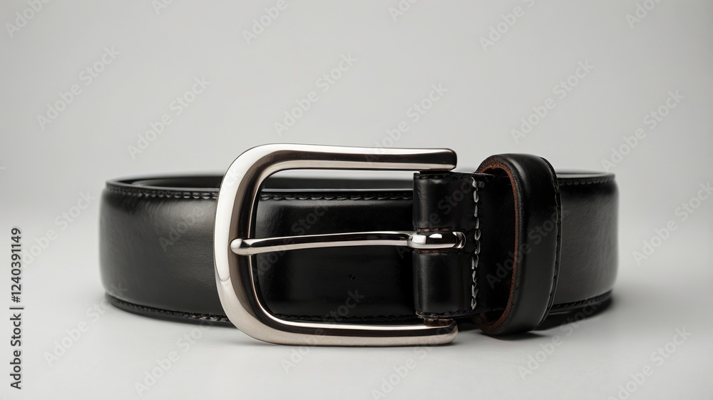 Black Leather Belt with Silver Buckle on Gray Background Black Leather Belt with Silver Buckle on Gray Background
