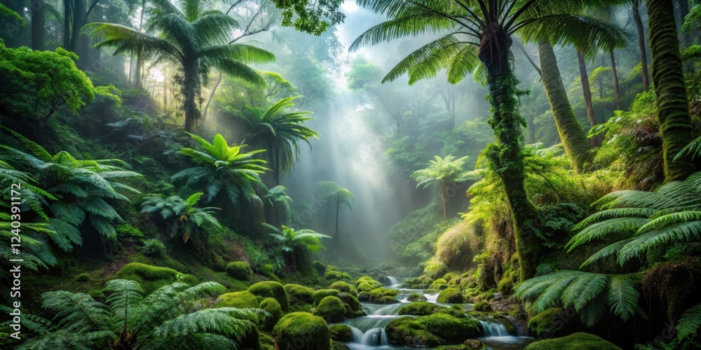 Naklejka premium Serene jungle stream flowing through lush, moss-covered rocks, sunlight filtering through the dense canopy, creating a mystical atmosphere