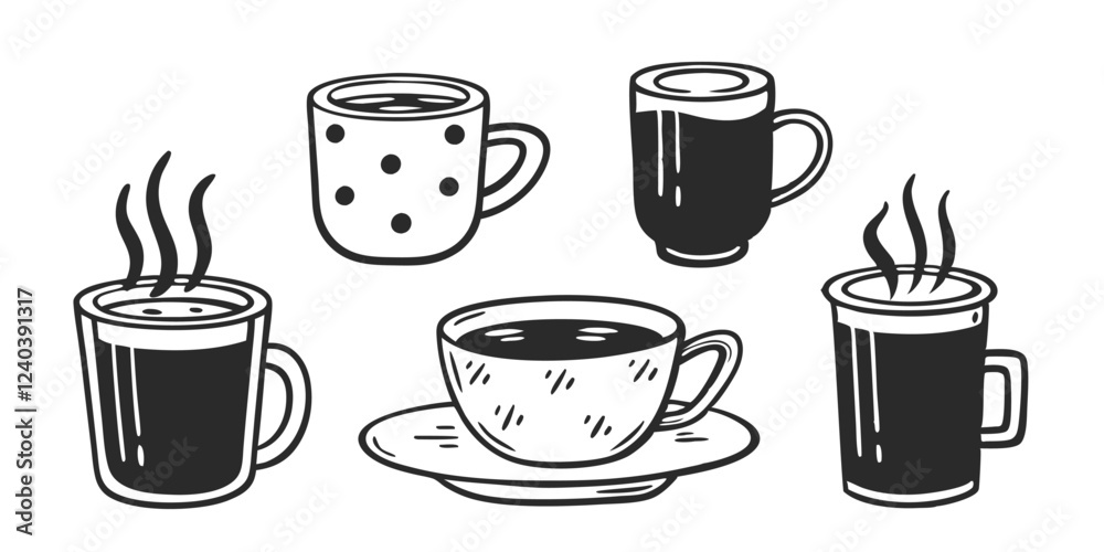 Digital illustration of a cartoon mug with handdrawn Scandinavian-style doodled tea and coffee cups, ideal for hot aroma beverages in restaurants or homes, paired with cooking dishes. Digital illustration of a cartoon mug with handdrawn Scandinavian-style doodled tea and coffee cups, ideal for hot aroma beverages in restaurants or homes, paired with cooking dishes.