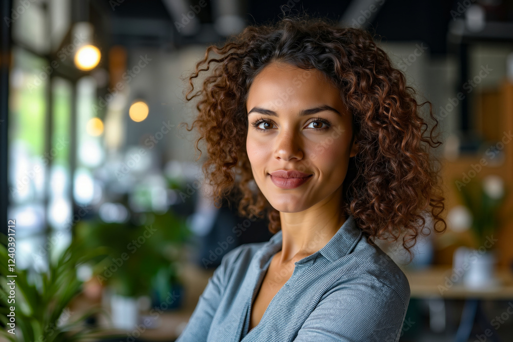 Fototapeta premium A woman with curly hair smiling at the camera